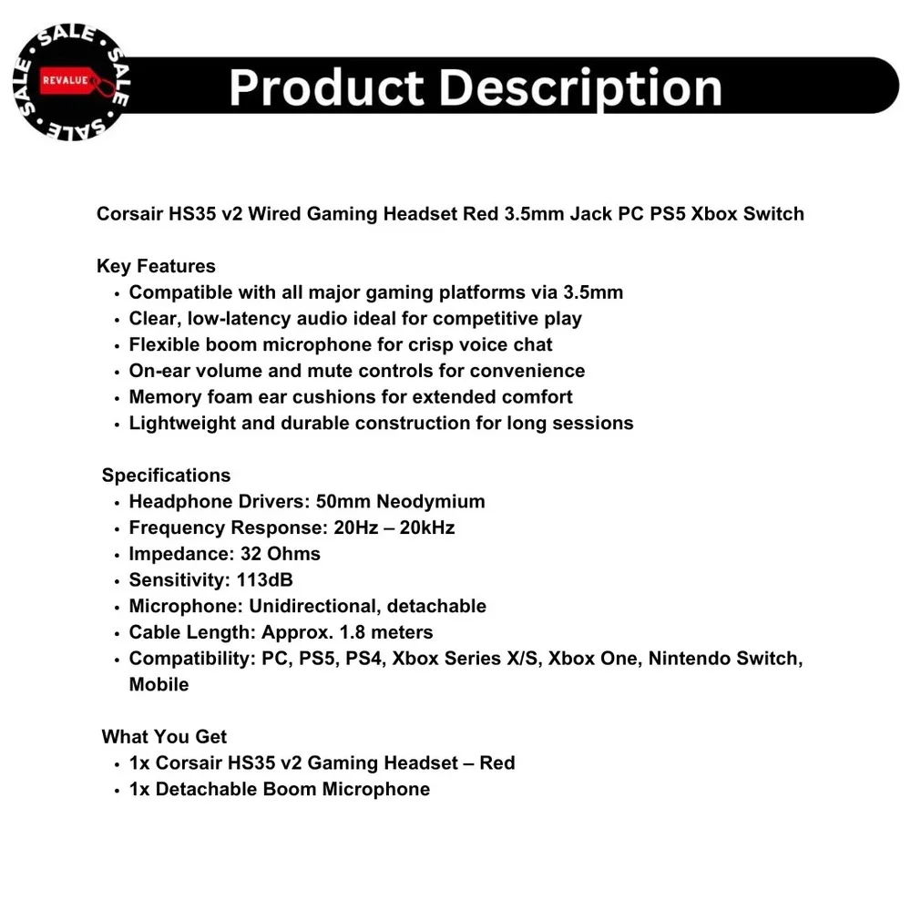 Corsair HS35 v2 Wired Gaming Headset Red 3.5mm Jack PC‎ PS5 Xbox Switch